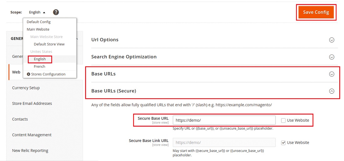 Select Store Scope and change the Base URLs and for secure link change Base URLs (secure).